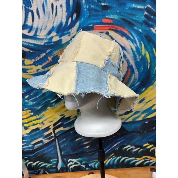 Vanilla, Blueberry Frayed Patchwork Denim Bucket Hat | Raw Edge Boho Sun Hat